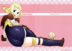 ass black_eyes blonde_hair boots chibi_inset cover cover_page doujinshi female final_fantasy final_fantasy_xii from_behind highres huge_ass human jinroku looking_back lying male on_side penelo thigh_strap thighhighs vaan