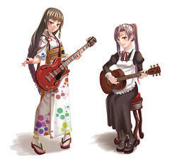 braid brown_hair guitar instrument japanese_clothes kimono long_hair maid purple_hair terumii