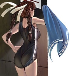 ass back braid brown_hair double_vertical_stripe hair_ribbon masao mizugi one-piece one-piece_swimsuit original ribbon school_swimsuit sukumizu swimsuit towel twin_braids