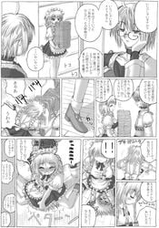 1boy 1girls asamura_hio blush braid comic female glasses japanese_clothes maid male megane monochrome rinnosuke_morichika sakuya_izayoi short_hair skirt touhou translated translation_request twin_braids