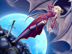 1girls adjusting_hair arm_up armor armpits bangs bare_shoulders bat_wings battle blonde_hair boots bridal_gauntlets claws cloud demon_girl detached_sleeves dress duplicate dutch_angle fingernails floating_hair full_moon game_cg gauntlets hair_between_eyes hair_intakes hair_ornament hairclip hand_on_head hatozuki_tsumiki horns long_fingernails long_hair looking_at_viewer meishoku_no_reiki moon multicolored_eyes night night_sky official_art outdoors payot purple_eyes purple_legwear seobit side_slit sky source_request standing star_(sky) starry_sky stepped_on succubus succubus_horns succubus_wings sword thigh_boots thighhighs weapon wind wings yellow_eyes