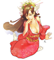 brown_hair female female_only japanese_clothes kimono socks solo takeshi yellow_eyes