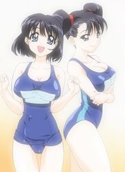 black_hair blue_eyes breasts huge_eyes mizugi multiple_girls one-piece_swimsuit oppai pointy_chin school_swimsuit sukumizu swimsuit tied_hair twintails