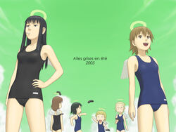 2005 angel_wings black_eyes black_hair brown_eyes brown_hair cigarette cloud french_text glasses haibane_renmei halo hand_on_hip hikari_(haibane_renmei) kana kuu light_brown_hair mizugi nemu o_o one-piece_swimsuit rakka reki school_swimsuit sea_cucumber short_hair sky smile strap_slip sukumizu swimsuit throwing wings yasunon