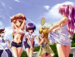 bikini breasts denim denim_shorts everyone group hose kamishiro_rin kazetsubaki_kuriko komatsu_eiji kurioka_maiho large_breasts maburaho miyama_yuuna mizugi multiple_females one-piece_swimsuit open_fly oppai school_swimsuit see-through shikimori_kazuki shorts sukumizu swimsuit swimsuit_under_clothes unzipped water wet wet_clothes wringing_clothes