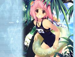 highres iizuki_tasuku innertube m.o.m.o. mizugi name_tag one-piece_swimsuit pink_hair school_swimsuit short_hair solo sukumizu swimsuit wallpaper water_gun xenosaga