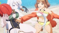 2girls atelier_(series) atelier_ryza atelier_ryza_ever_darkness_&_the_secret_hideout_the_animation breasts brown_eyes brown_hair cleavage hips holding_object large_breasts lila_decyrus reisalin_stout screencap swimsuit thick_thighs thighs tummy white_hair