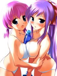 between_breasts bikini blue_eyes blush bottle breast_press breasts faris_scherwiz female female_only final_fantasy final_fantasy_five final_fantasy_v hima human lenna_charlotte_tycoon multiple_females multiple_girls object_between_breasts pink_hair purple_hair ribbon short_hair siblings sisters swimsuit symmetrical_docking water_bottle