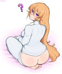 2d ? afrobull artist_name ass ass_cleavage back blonde_hair blush butt_crack clothing eyebrows_visible_through_hair eyes_visible_through_hair feet female female_only full_body highres kneeling light-skinned_female light_skin long_hair long_sleeves looking_at_viewer looking_back nakiri_erina on_bed pajamas pale-skinned_female pale_skin purple_eyes shokugeki_no_souma simple_background solo toes watermark white_background