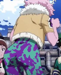 1girls animated animated_gif ashido_mina ass_focus big_butt bodysuit boku_no_hero_academia bubble_butt butt colored_skin female female_only fully_clothed gif hero_outfit_(mha) horns mina_ashido monster_girl my_hero_academia ochako_uraraka pink_skin screenshot solo thighs uraraka_ochako vest