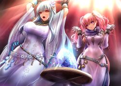 2girls alternate_costume arms_up auction bangs bare_thighs blue_hair bondage bound breasts broken_weapon chains covered_navel cracks dress elbow_gloves female female_only femsub fire_emblem fire_emblem:_the_blazing_blade fire_emblem_heroes from_below gloves hourglass_figure indoors large_breasts long_hair looking_at_viewer looking_down medium_breasts medium_hair miyakura_haruto multiple_girls multiple_subs ninian_(fire_emblem) ninian_(resplendent)_(fire_emblem) nintendo official_alternate_costume open_mouth pink_hair purple_eyes red_eyes restrained serra_(fire_emblem) slave stone table thick_thighs thighs twintails weapon wide_hips