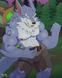 1boy abs anthro barazoku biceps bulge canid canine canis claws clothing fur furry gay hairy hi_res highres league_of_legends male male_focus male_nipples male_only mammal masculine_male muscles muscular muscular_anthro muscular_arms muscular_male nipples riot_games solo solo_male tail teeth teeth_visible warwick werecanid werecanine werewolf wolf