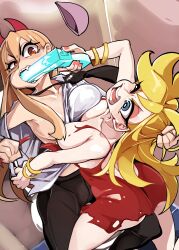 2girls angry ass blonde_hair blue_eyes bongfillstudent bracelet breasts button_down_shirt chainsaw_man cleavage clothing convenient_censoring dress fake_breasts female female_only fighting firearm gun handgun horn horns human leggings pale_skin panty_&_stocking_with_garterbelt panty_anarchy power_(chainsaw_man) pulling_hair small_breasts squished_breasts tagme thick_thighs tie toilet torn_clothes violence weapon wide_hips yellow_eyes