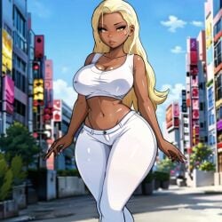 ai_generated big_breasts cixf dark_skin huge_breasts landidzu original original_character thick_thighs tight_clothing white_clothing white_pants