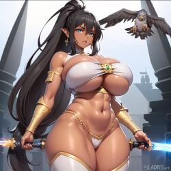 ai_generated big_breasts breasts brown_hair brunette_hair dark-skinned_female dark_skin elf elf_ears elf_female elf_girl epic7 falconer_kluri_(epic7) huge_breasts iladiesart kluri_(epic7) skimpy_clothes skimpy_outfit