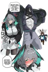 1boy 2023 2girls amiya_(arknights) arknights blazingchaos blush doctor_(arknights) english_text gloves green_eyes grey_hair hi_res ho'olheyak_(arknights) hood jacket large_tail lifting long_tail mask muscular_male red_blush simple_background snake_tail standing tail text