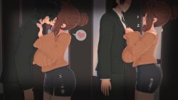 1boy 1girls 2022 2koma 3d big_breasts black_hair brown_hair closed_eyes comic faceless faceless_male female heart hi_res high_resolution highres kissing male necktie original skirt speech_bubble spoken_heart tied_hair uniform vyrus_smith