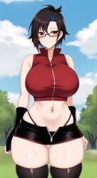 ai_generated anything_diffusion arm_warmers black_hair boruto:_naruto_next_generations clothing curvaceous dezgo_ai female female_only glasses huge_breasts naruto red_eyes sarada_uchiha sweat thick_thighs thigh_socks thighhighs uchiha_sarada