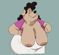 anthro big_breasts black_hair bottomwear breasts canid canine canis clothed clothing disney domestic_dog exposed_breasts fan_character female flashing flashing_breasts goof_troop hair hi_res jodero mammal markings mature_anthro mature_female mole_(marking) mole_on_breast narrowed_eyes nipples obese obese_anthro obese_female overweight overweight_anthro overweight_female presenting presenting_breasts sagging_breasts skirt solo solo_focus