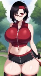 ai_generated anything_diffusion black_hair boruto:_naruto_next_generations clothing curvaceous dezgo_ai female female_only glasses huge_breasts naruto red_eyes sarada_uchiha sweat thick_thighs thighhighs uchiha_sarada