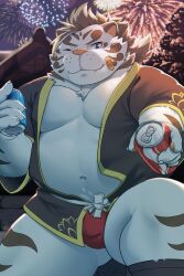 2023 absurd_res anthro asian_clothing band-aid bandage bernado_alte bulge can clothing container cute_fangs detailed_background east_asian_clothing felid festival fireworks fundoshi hi_res japanese_clothing kemono licho_(tokyo_afterschool_summoners) lifewonders male mammal moobs navel night one_eye_closed outside overweight overweight_male pantherine red_clothing red_fundoshi red_underwear solo tiger tokyo_afterschool_summoners underwear white_body wink