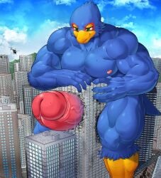 absurd_res aircraft anthro avian big_penis bird blue_body building building_penetrated building_sex city destruction erection falco_lombardi genitals helicopter hi_res macro male mayar nintendo penetration penis solo star_fox