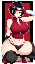 ai_generated anything_diffusion arm_warmers black_hair boruto:_naruto_next_generations clothing curvaceous dezgo_ai female female_only glasses huge_breasts naruto naruto_(series) red_eyes sarada_uchiha squatting thick_thighs thigh_socks thighhighs uchiha_sarada