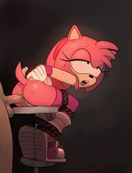 ahegao amy_rose amy_rose_(boom) anal bound bound_ankles bound_wrists gloves human human_on_anthro interspecies legwear penis shoes sitting sonic_(series) sonic_boom sonic_the_hedgehog_(series) stockings sweat tagme