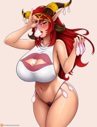 1girls alexstrasza blizzard_entertainment condom condom_accessories condom_in_hand cum cum_on_breasts cum_on_tongue dragon franarok horns huge_breasts large_ass light-skinned_female light_skin milf red_hair solo thick_thighs used_condom warcraft wide_hips world_of_warcraft