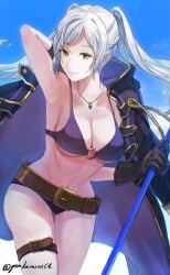 1girls alternate_costume armpits belt belt_buckle bikini black_coat blue_sky braid breasts brown_belt buckle cleavage closed_mouth coat day female female_only fire_emblem fire_emblem_awakening fire_emblem_heroes french_braid gimkamres04 grey_hair highres holding holding_polearm holding_weapon jewelry large_breasts long_hair looking_at_viewer navel necklace nintendo o-ring o-ring_bikini official_alternate_costume outdoors polearm purple_bikini purple_swimsuit robin_(female)_(summer)_(fire_emblem) robin_(fire_emblem) robin_(fire_emblem)_(female) sky smile solo stomach swept_bangs swimsuit twintails twitter_username weapon white_hair yellow_eyes