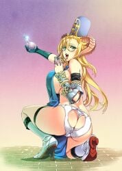 armor ass ass_cutout blonde_hair blush blushing boots butt_crack clothing_cutout damnedrive demon_girl demon_horns glasses gloves green_eyes hat high_heel_boots high_heels horns huge_ass huge_breasts kneeling large_breasts long_hair mammon_(nanatsu_no_taizai) mature_female monster_girl nishii_(nitroplus) official_art open_mouth panties potion revealing_clothes sideboob simple_background sin_nanatsu_no_taizai suggestive_look thick_thighs thighs thong tongue_out