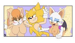 2girls 3boys big_breasts blush breasts clones floating gloves handjob innotsu kneeling large_breasts leaning_forward makeup male male/female medium_breasts nipples penis rabbit rabbit_ears rouge_the_bat sega smug sonic_(series) sonic_the_hedgehog sonic_the_hedgehog_(series) super_sonic vanilla_the_rabbit wings