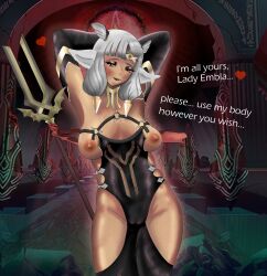 alternate_costume ash_(fire_emblem) bovid bovid_humanoid bovine_humanoid breasts breasts_out cosplay cow_ears cow_girl cow_horns dark-skinned_female dark_skin dialogue embla_(fire_emblem) fire_emblem fire_emblem_heroes goth goth_girl gothified implied_yuri nintendo nipples posing pussy_visible_through_clothes seductive seductive_eyes seductive_look seductive_smile solo solo_female staff