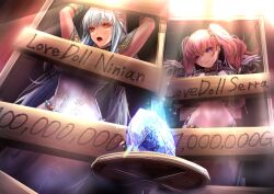 2girls alternate_costume arms_up auction bangs bare_thighs blue_hair bondage bound breasts broken_weapon chains covered_navel cracks dress elbow_gloves english_text female female_only femsub fire_emblem fire_emblem:_the_blazing_blade fire_emblem_heroes from_below gloves hourglass_figure in_box in_container indoors large_breasts long_hair looking_at_viewer looking_down medium_breasts medium_hair miyakura_haruto multiple_girls multiple_subs ninian_(fire_emblem) ninian_(resplendent)_(fire_emblem) nintendo official_alternate_costume open_mouth pink_hair price purple_eyes red_eyes restrained serra_(fire_emblem) slave stone table text thick_thighs thighs twintails weapon wide_hips