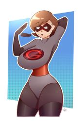 2023 alternate_costume big_breasts brown_hair dakota018 elastigirl elastigirl_(the_incredibles_2_supersuit) female_only fully_clothed helen_parr mask pixar superheroine sweat tagme the_incredibles the_incredibles_2