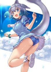 1girls :d anchor_symbol ankle_ribbon ascot ass bare_arms bare_legs blowhole blue_dress blue_eyes blue_hair blue_panties blue_sky cetacean cetacean_tail clothed clothed_female clothing cloud collared_dress commentary_request common_bottlenose_dolphin_(kemono_friends) day dorsal_fin dress female female_only fins fish fish_girl fish_tail foot_out_of_frame frilled_dress frills gradient_hair gray_hair grey_hair hair hair_between_eyes hands_up head_fin highres kemono_friends leg_ribbon light-skinned_female light_skin looking_at_viewer medium_hair multicolored_hair no_nude no_sex open_mouth pale_skin panties ribbon sailor_collar sailor_dress shoe_soles shoes short_dress short_sleeves sky smile solo solo_female sunlight tail tail_through_clothes tandano_magu twisted_torso two_tone_hair underwear white_ascot