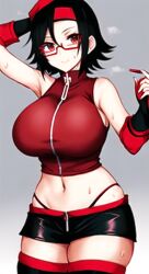 ai_generated anything_diffusion black_hair boruto:_naruto_next_generations clothing curvaceous dezgo_ai female female_only glasses huge_breasts naruto naruto_(series) red_eyes sarada_uchiha sweat thick_thighs thigh_socks thighhighs uchiha_sarada