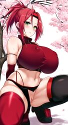 ai_generated anything_diffusion clothing dezgo_ai erect_nipples female female_only green_eyes haruno_sakura huge_breasts naruto naruto_(series) pink_hair sakura_haruno squatting sweat thick_thighs thighhighs vagina