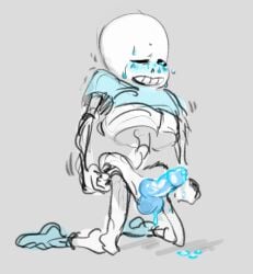 1boy 1male animated_skeleton artist_request blue_blush blue_eyes blue_penis blush bodily_fluids bottomless ectopenis fluids grey_background kneel low_res lowres male male_only monster penis sans sans_(undertale) shirt_pulled_up shirt_up simple_background skeleton socks solo solo_male sweat undead undertale undertale_(series)