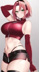 ai_generated anything_diffusion arm_warmers clothing dezgo_ai female female_only green_eyes haruno_sakura huge_breasts naruto naruto_(series) pink_hair sakura_haruno thick_thighs thighhighs