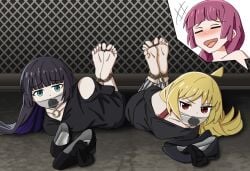 3girls barefoot black_hair black_socks blonde_hair blue_eyes blunt_bangs blush bocchi_the_rock! bondage bound bound_together feet gag gagged glaring hiroi_kikuri ijichi_seika improvised_gag kidnapped long_hair multicolored_hair multiple_girls off_shoulder pa-san pink_hair red_eyes sa@mobuliaoyu shoes socks tape tape_gag tied_up_(nonsexual)