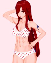 1girls 3d bra erza_scarlet fairy_tail female female_focus female_only light-skinned_female light_skin onagazgreat panties polka_dot_bra polka_dot_panties polka_dot_underwear red_hair simple_background solo solo_female solo_focus underwear white_bra white_panties white_underwear