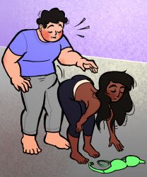 bent_over canon_couple closed_eyes connie_maheswaran curly_hair dark-skinned_female erection erection_under_clothes hair_covering_breasts indian_female interracial light-skinned_male long_hair married_couple penis santan999 staring_at_ass steven_quartz_universe steven_universe straight sudden_erection surprised_expression topless topless_female