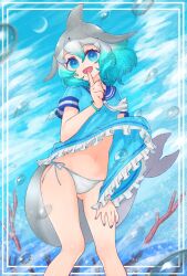 1girls :d aqua_eyes aqua_hair ass ass_visible_through_thighs blowhole blue_eyes blue_hair cetacean cetacean_tail clothes clothes_lift commentary_request common_bottlenose_dolphin_(kemono_friends) dolphin dolphin_girl dress dress_lift female female female_only fingers fingers_to_mouth gray_hair grey_hair happy happy_female highres kemono_friends looking_at_viewer manicure multicolored_hair navel no_sex notora panties pants sailor_collar shushing side_tie_panties skirt skirt_lift smile smiling solo solo_female string_panties tail underwater underwear white_panties wind wind_lift