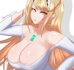 big_breasts blonde_hair cleavage clothed_female core_crystal earrings enormous_breasts gigantic_breasts gold_eyes huge_breasts lips milf mythra nintendo tagme white_background white_dress white_shirt xendrawsseggs xendrawsthings xenoblade_(series) xenoblade_chronicles_2