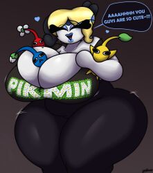 blue_lipstick blue_pikmin breast_squeeze breasts excited kithara_(strugglebunny) lewd_bun_64 massive_breasts meloetta milf nerdy_female older_female pikmin pikmin_(species) pokémon_(species) pokemon red_pikmin strugglebunny thick_thighs trapped_in_breasts yellow_pikmin