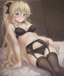 /// ai_generated black_bra black_legwear black_panties black_thighhighs black_underwear blonde_hair blue_eyes blush bra clothing female katawa_shoujo legs_together long_hair matching_underwear on_bed panties satou_lilly smug_face source_request underwear