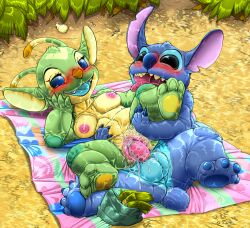 2023 alien anthro areola balls blue_body blue_fur blush bonnie_(lilo_and_stitch) breasts disney duo experiment_(lilo_and_stitch) female fur genitals green_body green_fur hi_res kitsune_youkai lilo_and_stitch male male/female multicolored_body multicolored_fur nipples penetration penis pussy sex stitch_(lilo_and_stitch) two_tone_body two_tone_fur vaginal_penetration vaginal_penetration yellow_body yellow_fur