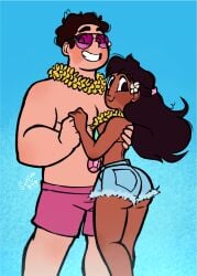 ass bigger_male booty_shorts canon_couple chubby_male connie_maheswaran curly_hair dark-skinned_female fat_man flower flower_in_hair gemstone holding_hands indian_female light-skinned_male long_hair safe_for_work santan999 smiling_at_viewer steven_quartz_universe steven_universe steven_universe_future straight wholesome