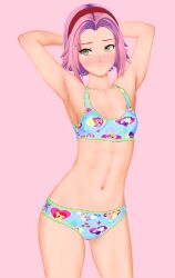 1girls abs arms_behind_back arms_up blue_bra blue_panties blush bra childish_bra childish_panties embarrassed female female_focus female_only friendship_is_magic green_eyes hairband my_little_pony naruto onagazgreat panties pink_hair pose posing sakura_haruno simple_background solo solo_female solo_focus underwear